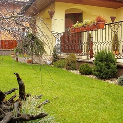 Geschmiedete Blumenhalter am Terrassengeländer eines Einfamilienhauses Geschmiedete Blumenhalter am Terrassengeländer eines Einfamilienhauses